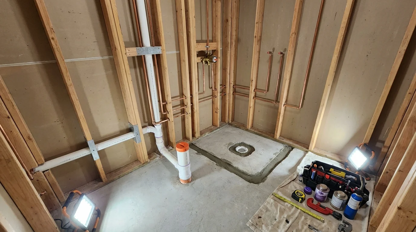Bathroom rough-in plumbing during remodel by Johns Plumbing LLC in Cache