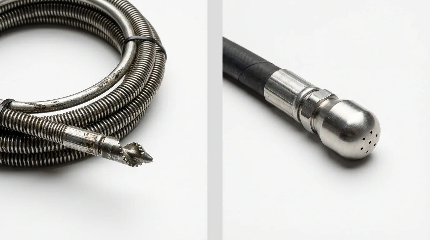 Drain snake cable and hydro jetting nozzle used for drain cleaning in Cache, OK