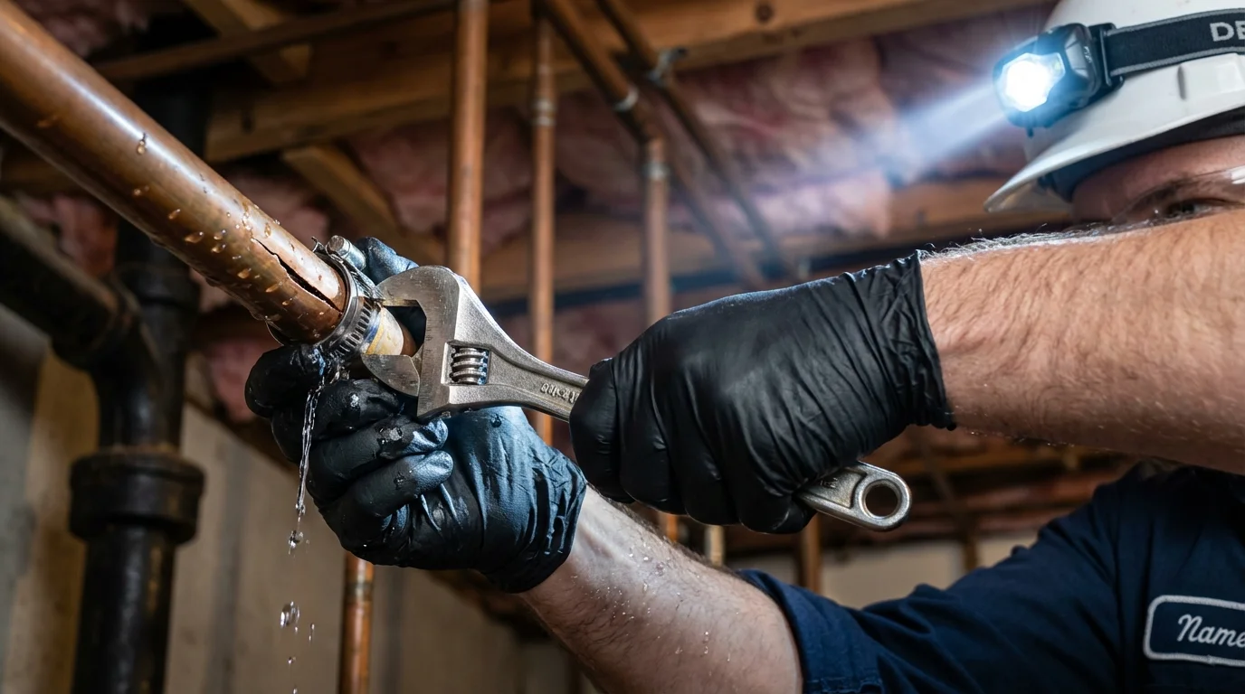 Emergency pipe clamp repair being performed by a Johns Plumbing LLC plumber in Cache