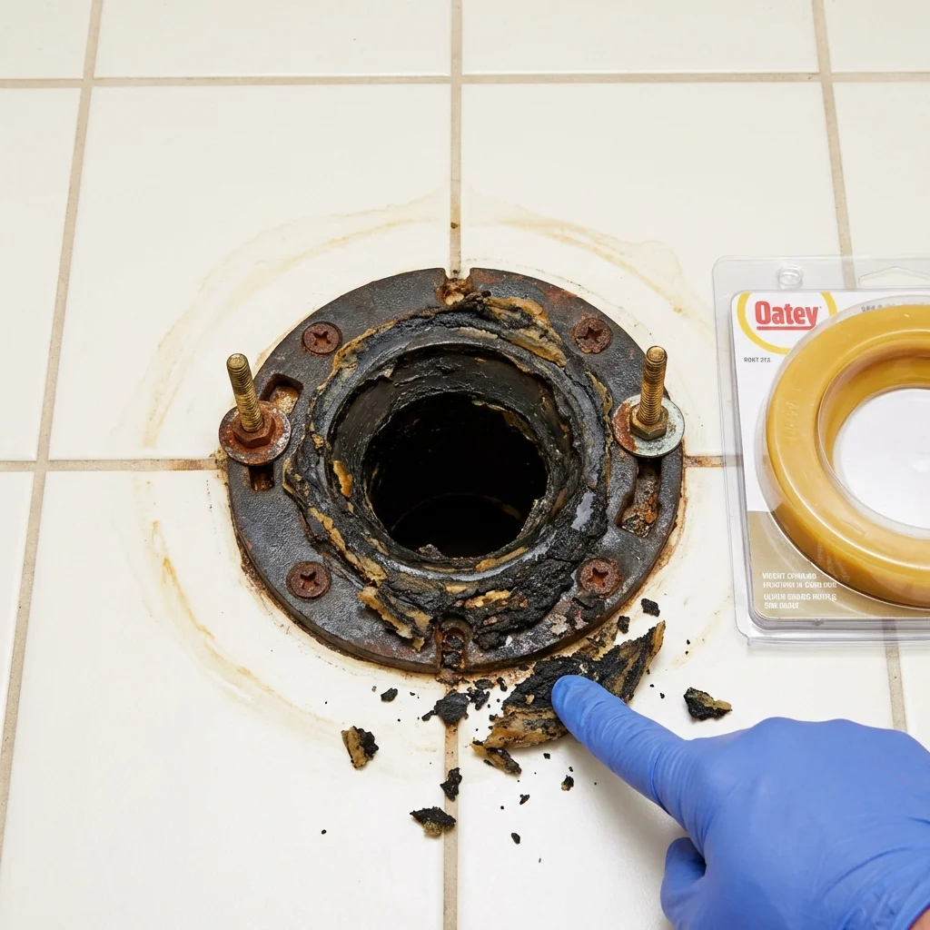 Failed wax ring showing water seepage at the base of a toilet in a Cache, OK home
