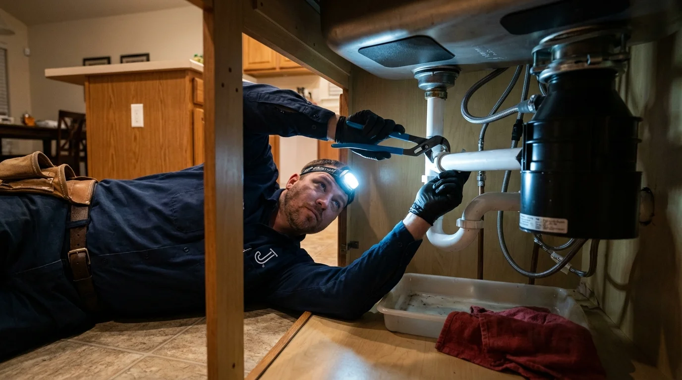 P-trap and supply line connections under a kitchen sink showing a common leak point in Cache, OK